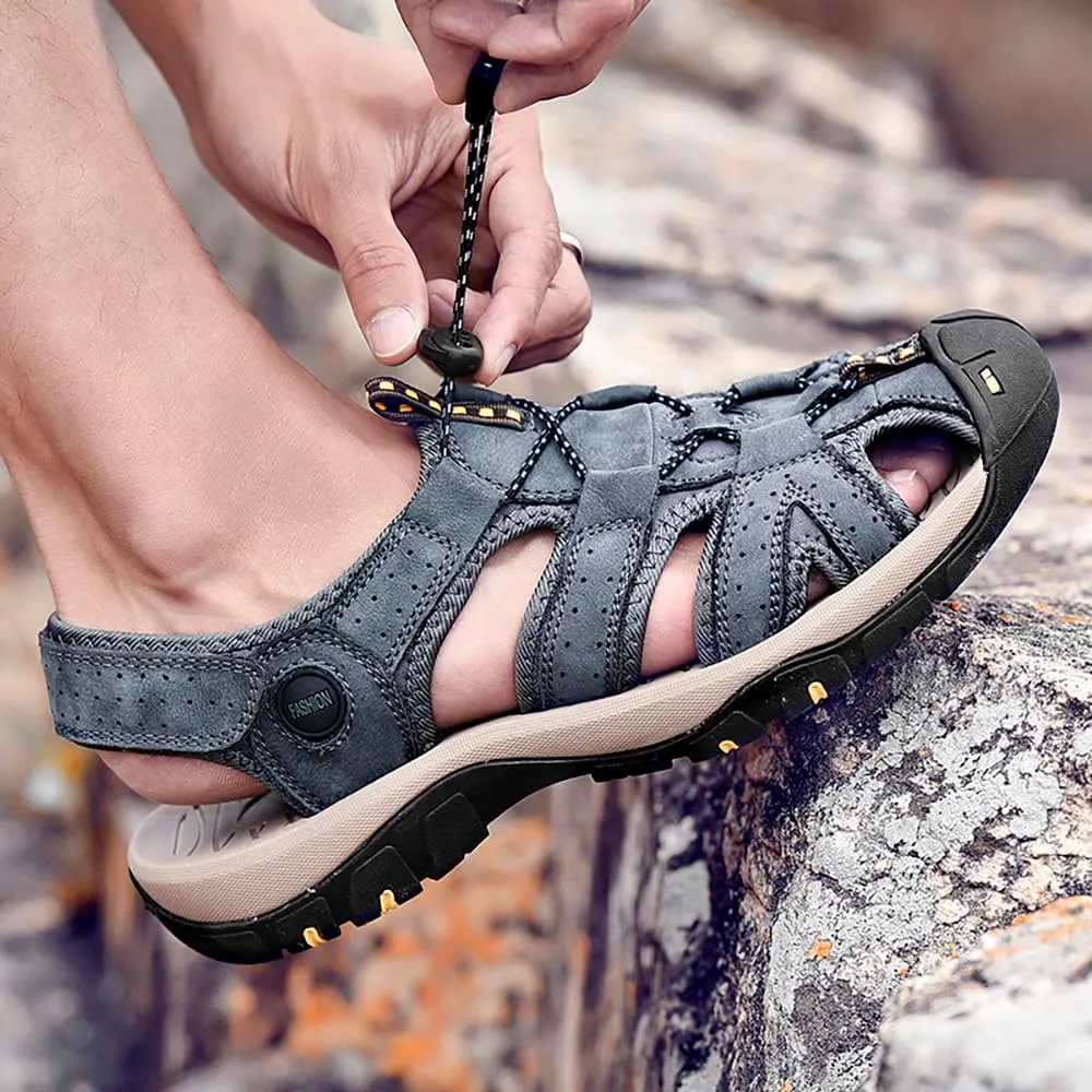 ailishabroy Men's Sport Sandals Outdoor Hiking Leather Closed Toe Sandals