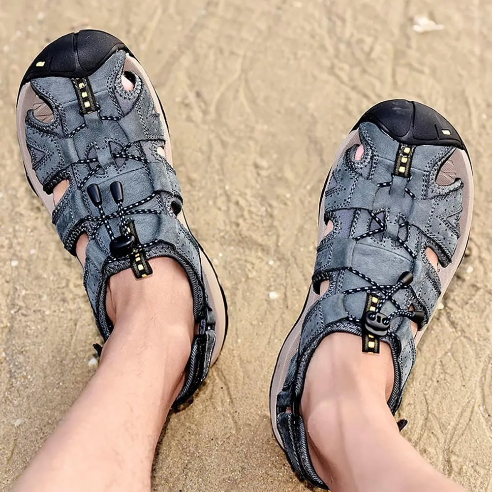 ailishabroy Men's Sport Sandals Outdoor Hiking Leather Closed Toe Sandals