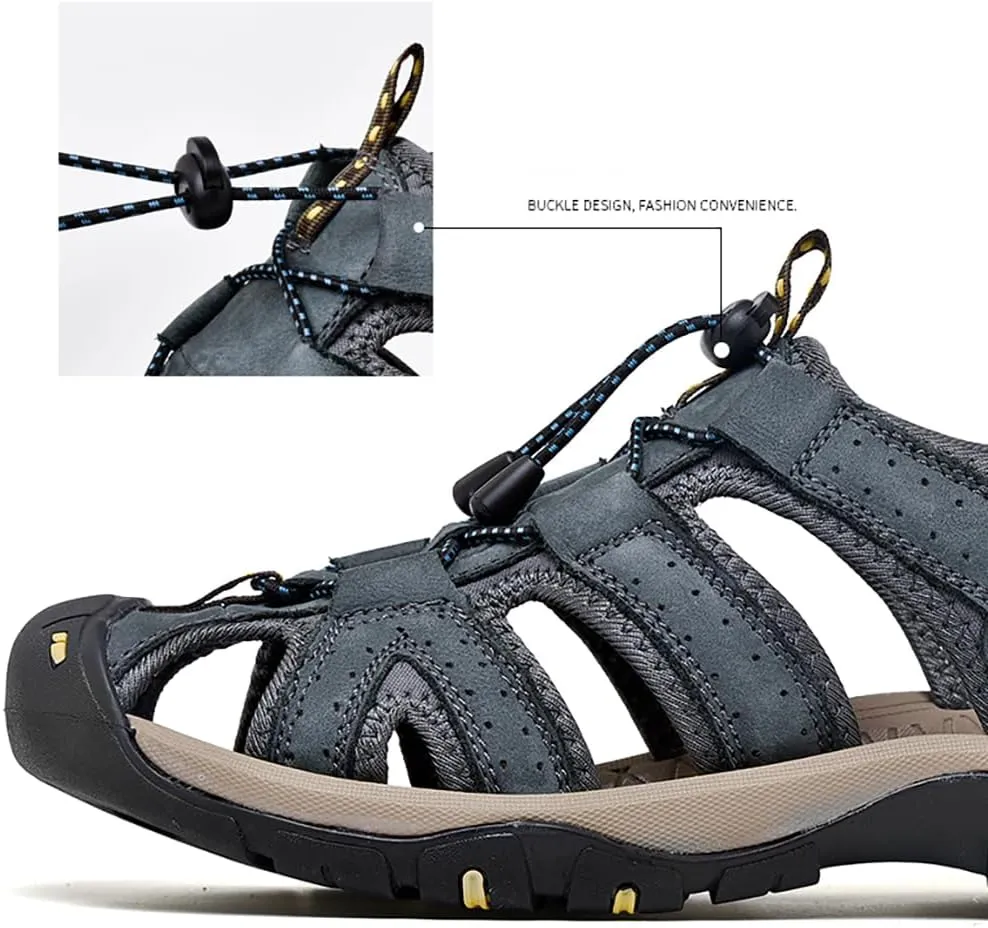 ailishabroy Men's Sport Sandals Outdoor Hiking Leather Closed Toe Sandals