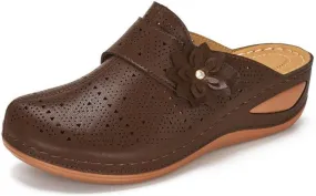 Clogs for Women Mules Shoes Comfortable Closed Toe Slip-On Backless Low Wedge Shoes Flowers Decor Walking Wedges Mules Casual Orthopedic Clog with Arch Support