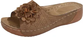 Flowers Orthopedic Sandals for Women Arch Support Fish Mouth Open Toe Leather Slippers Wedge Platform Sandal