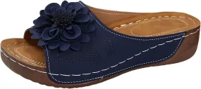 Flowers Orthopedic Sandals for Women Arch Support Fish Mouth Open Toe Leather Slippers Wedge Platform Sandal