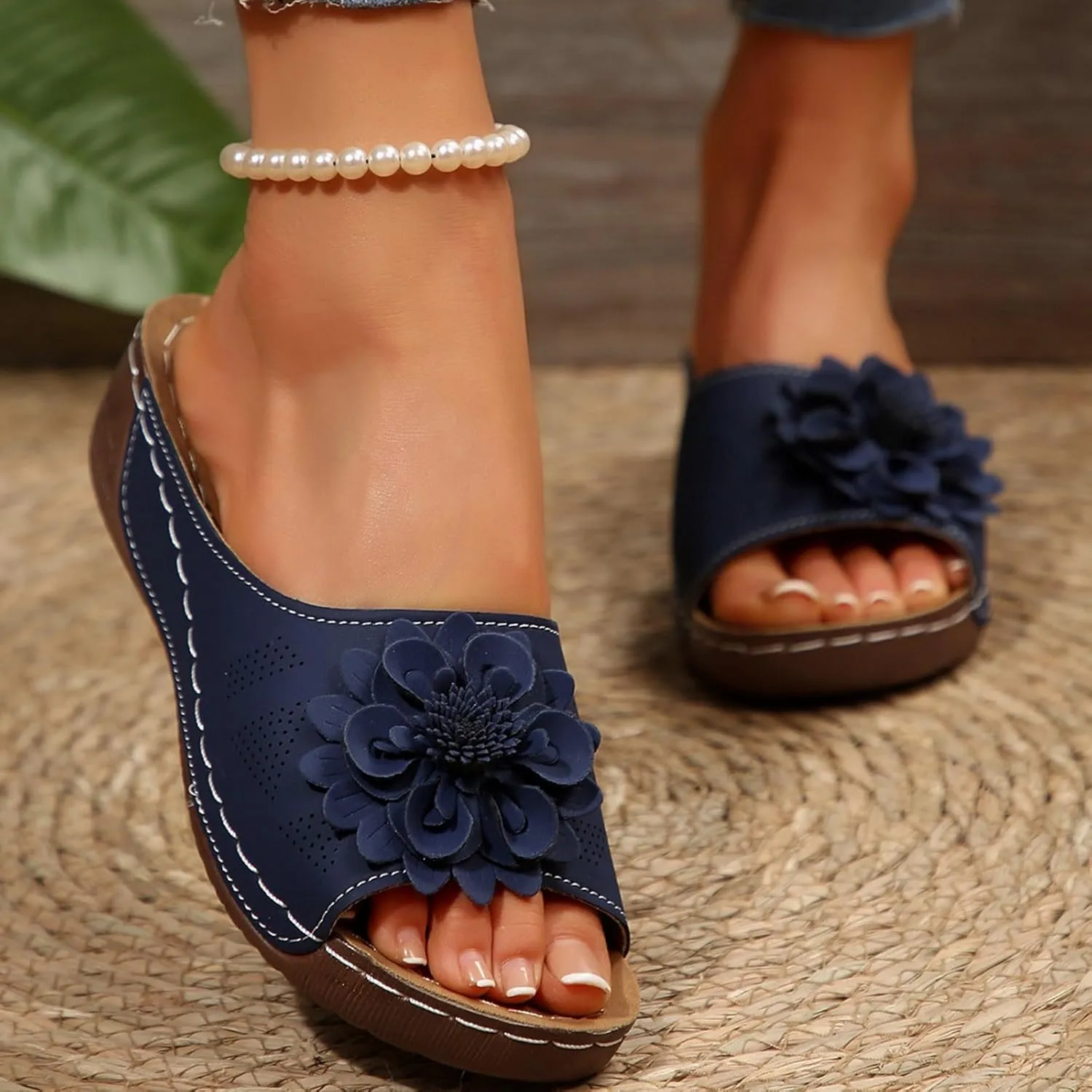 Flowers Orthopedic Sandals for Women Arch Support Fish Mouth Open Toe Leather Slippers Wedge Platform Sandal