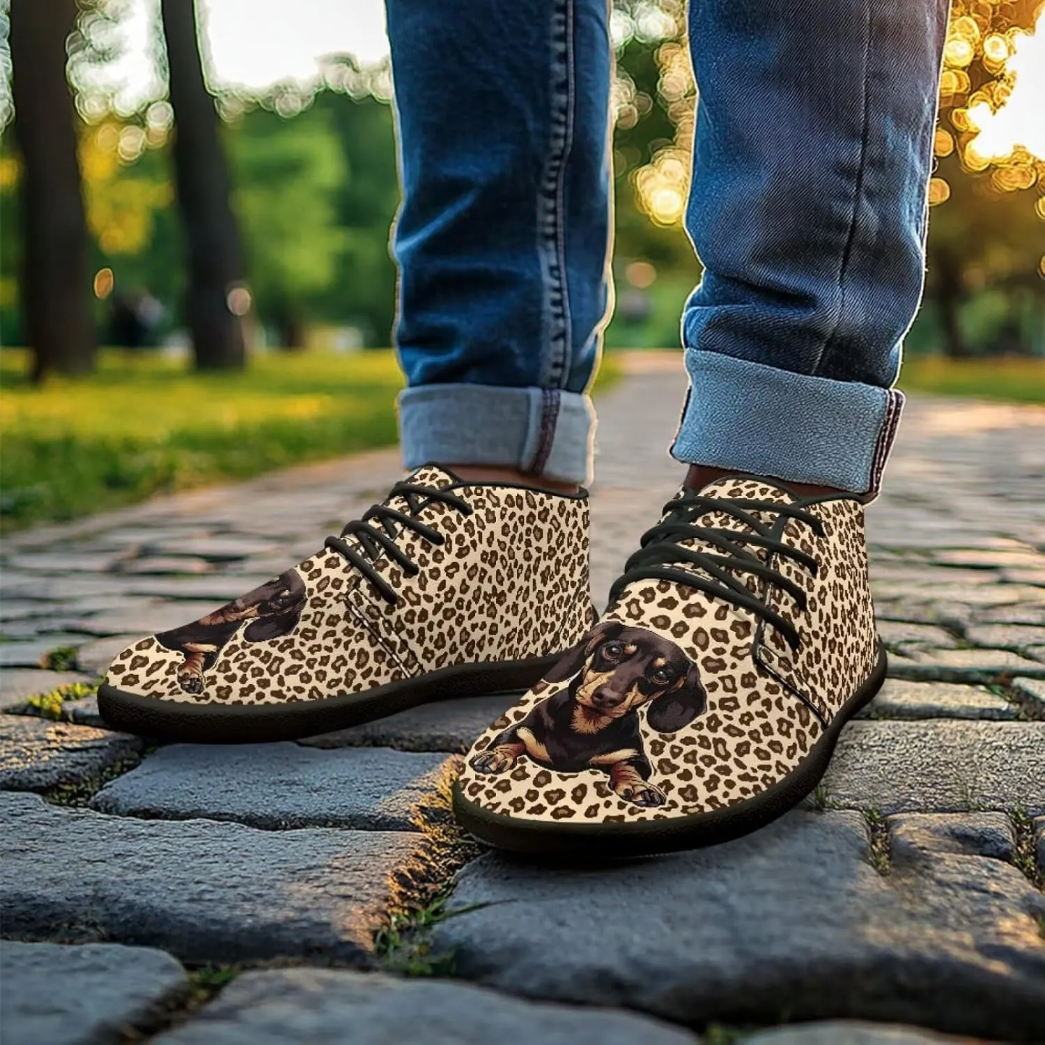Forchrinse Dachshund on Leopard Print Chukka Boots for Men Leather Loafer Lace up Walking Shoes Lightweight Wide Toe Dress,US 6-14