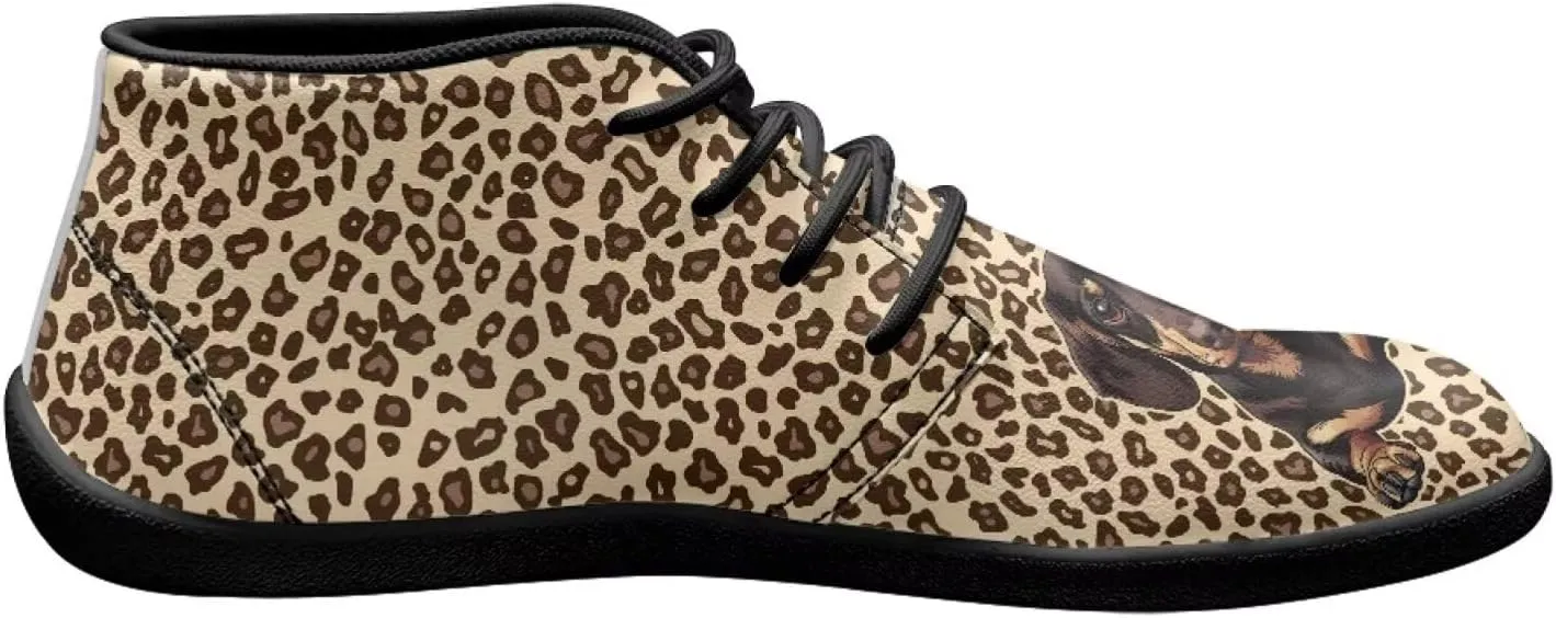 Forchrinse Dachshund on Leopard Print Chukka Boots for Men Leather Loafer Lace up Walking Shoes Lightweight Wide Toe Dress,US 6-14