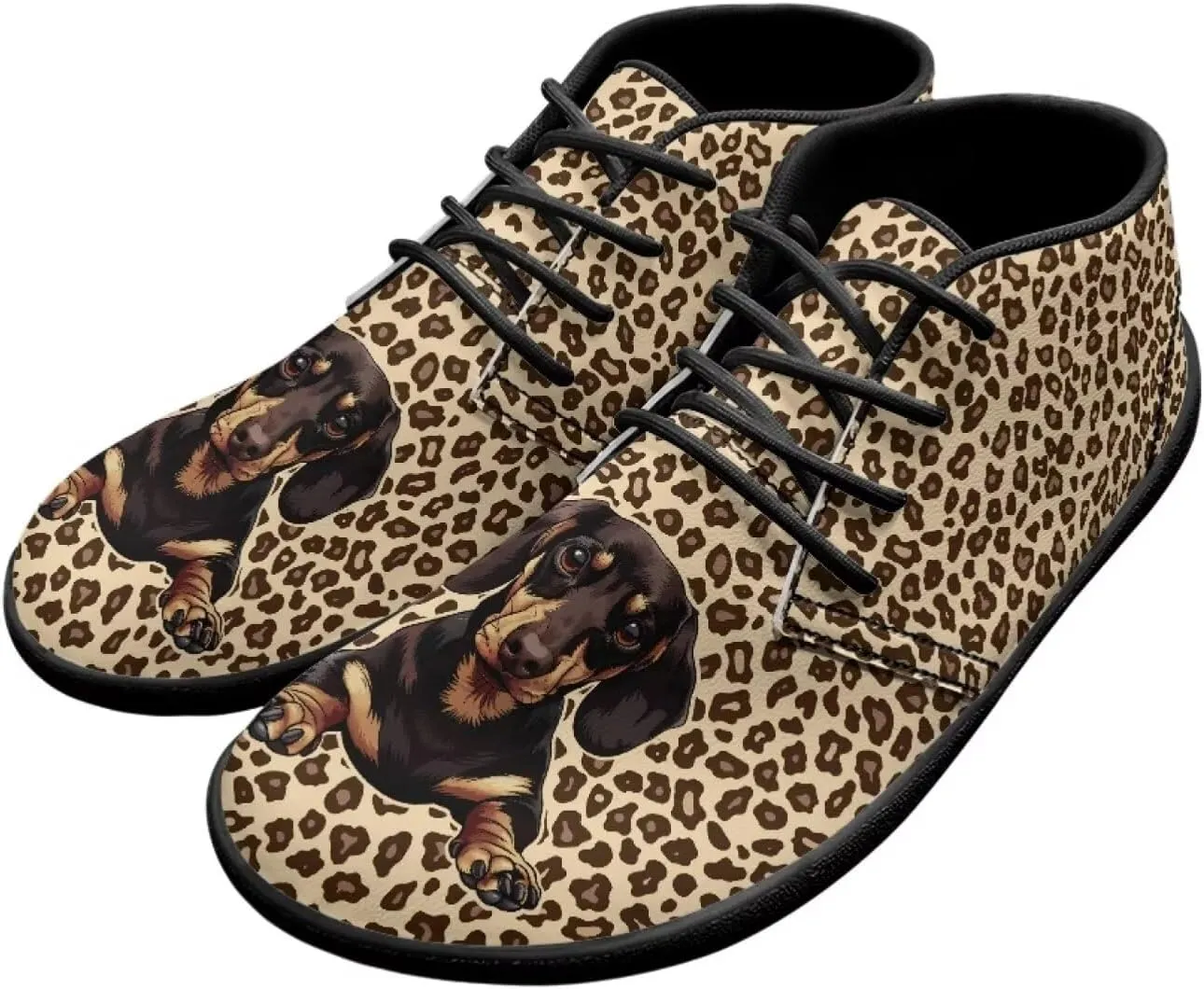 Forchrinse Dachshund on Leopard Print Chukka Boots for Men Leather Loafer Lace up Walking Shoes Lightweight Wide Toe Dress,US 6-14