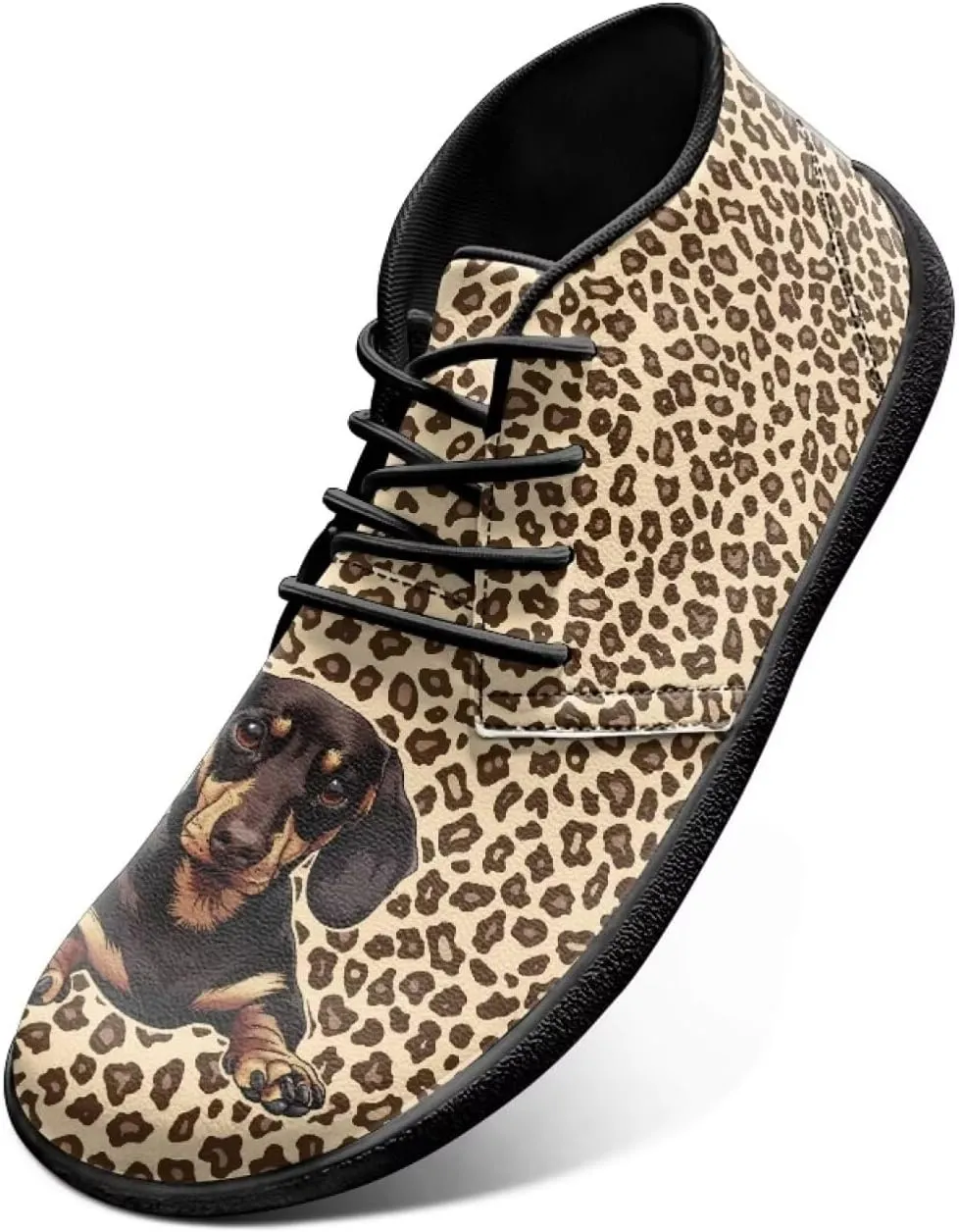 Forchrinse Dachshund on Leopard Print Chukka Boots for Men Leather Loafer Lace up Walking Shoes Lightweight Wide Toe Dress,US 6-14
