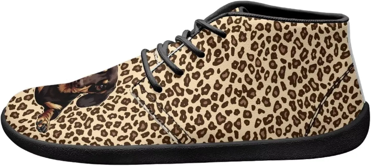 Forchrinse Dachshund on Leopard Print Chukka Boots for Men Leather Loafer Lace up Walking Shoes Lightweight Wide Toe Dress,US 6-14