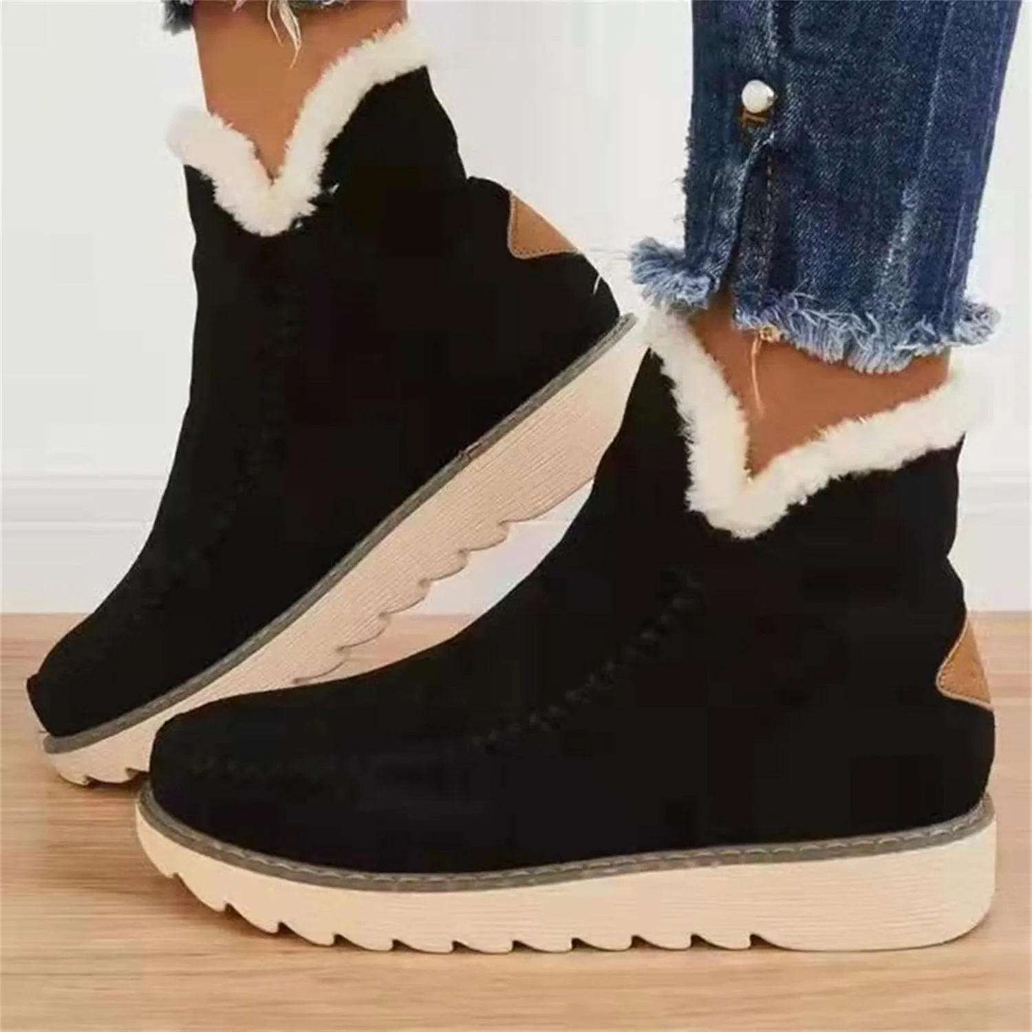 Ladmiple Boots For Women Ankle Booties Winter Casual Slip-on Warm Loafers Faux Fur-Lined Comfortable Snow Walking Shoes