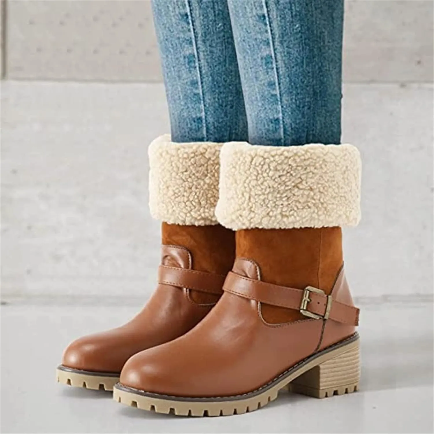 Ladmiple Snow Boots For Women Cute Tall Mid Calf Winter Warm Ankle Booties Fur Lined Anti-Slip Outdoor Slip On Shoes
