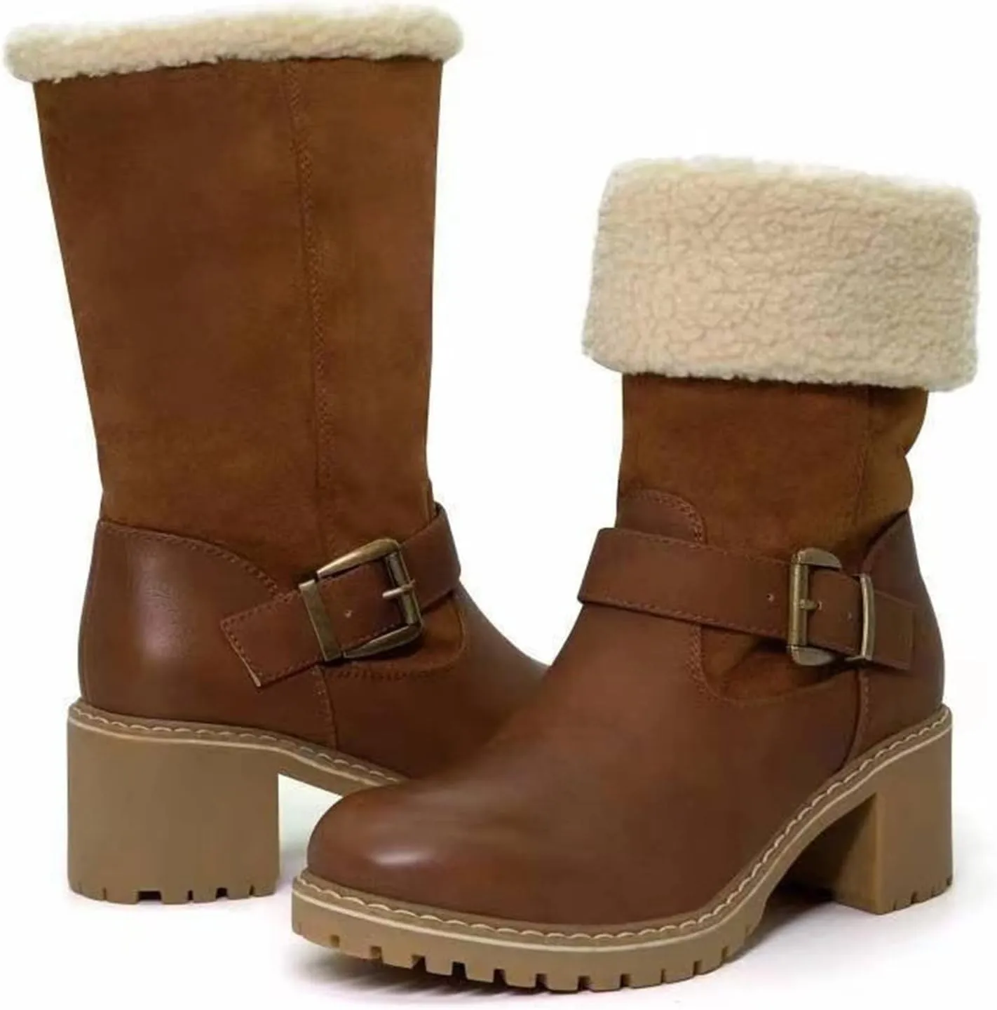 Ladmiple Snow Boots For Women Cute Tall Mid Calf Winter Warm Ankle Booties Fur Lined Anti-Slip Outdoor Slip On Shoes
