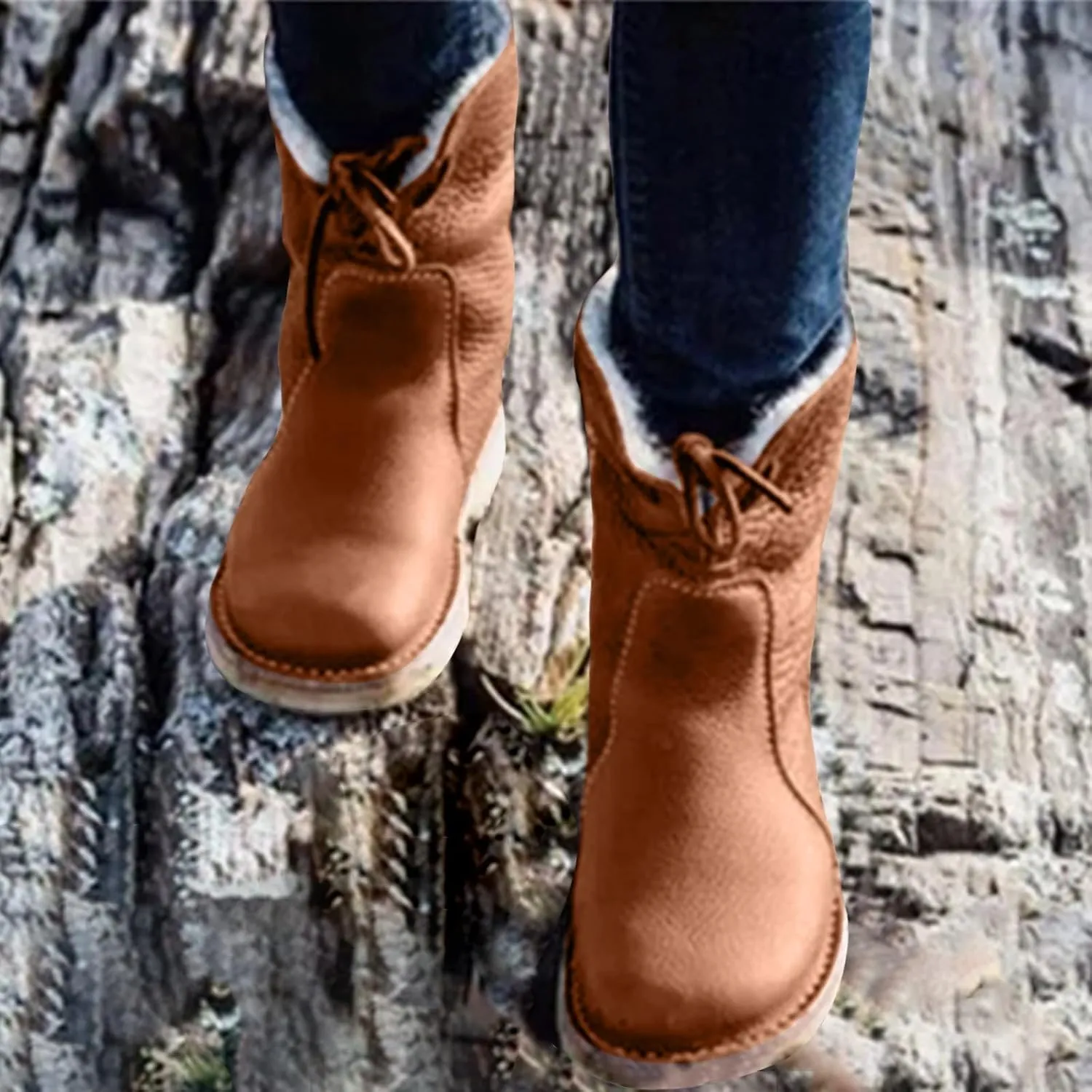 Waterproof Snow Boots for Women, Wide Width Ankle Boots Warm Insulated Faux Fur Lined Waterproof Lace Up Snow Boots Winter Fuzzy Snow Boots Short Ankle Boot with Fur Lined