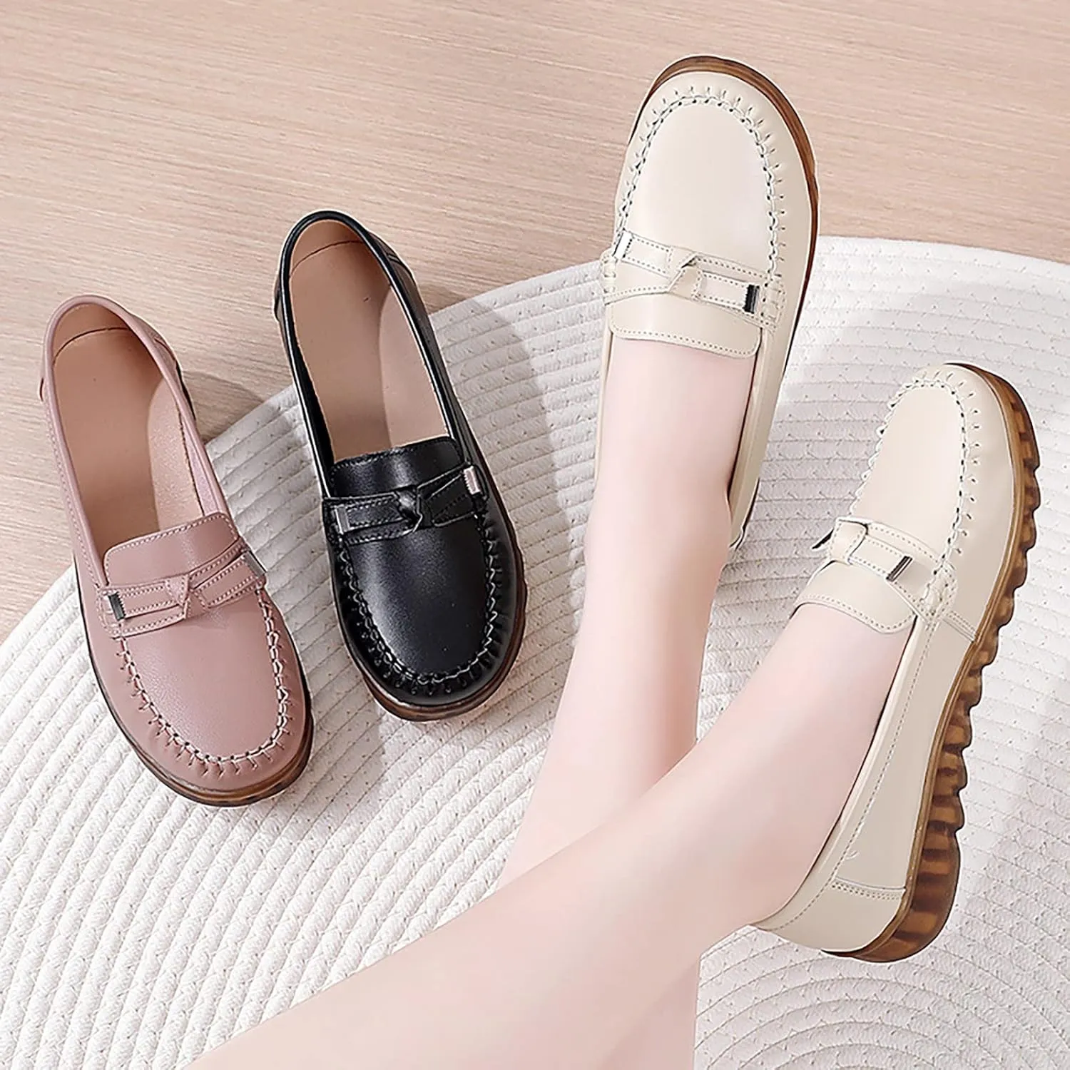 Women Comfort Walking Flat Loafer Slip On Leather Loafer Comfortable Flat Shoes Business Casual Dress Shoes for Women (Black, 7)