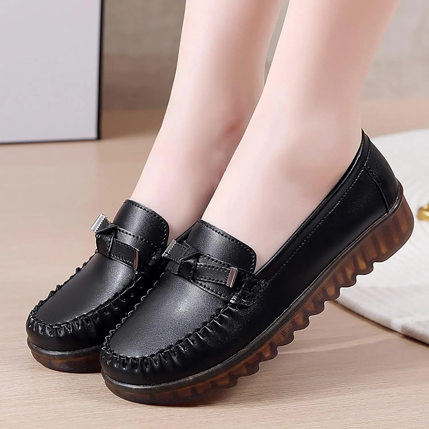 Women Comfort Walking Flat Loafer Slip On Leather Loafer Comfortable Flat Shoes Business Casual Dress Shoes for Women (Black, 7)