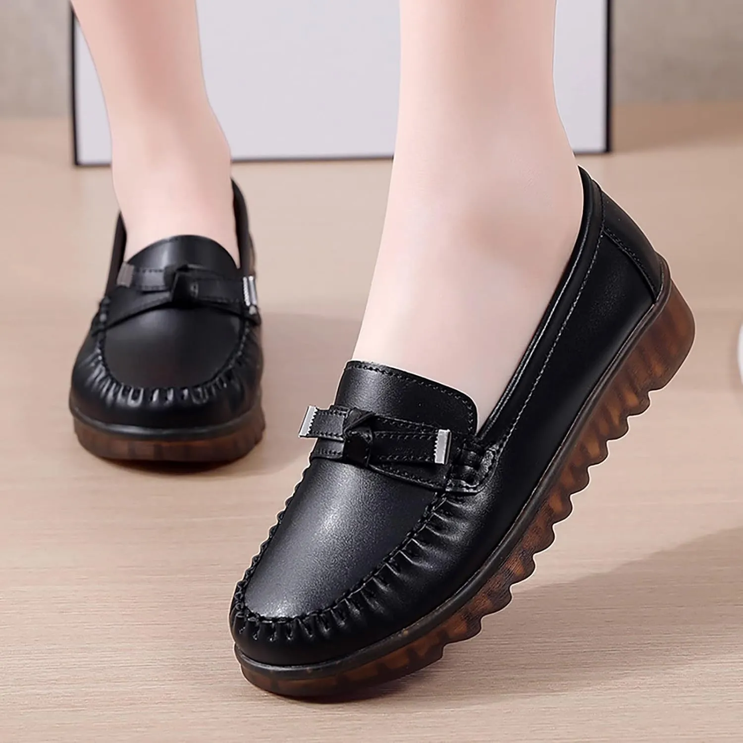 Women Comfort Walking Flat Loafer Slip On Leather Loafer Comfortable Flat Shoes Business Casual Dress Shoes for Women (Black, 7)
